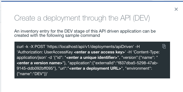 upload a deployment through the api modal window