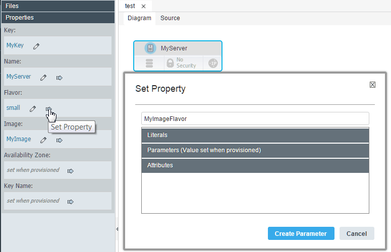 The Set Property window, showing a list of properties and a field in which you can type the name for a new property