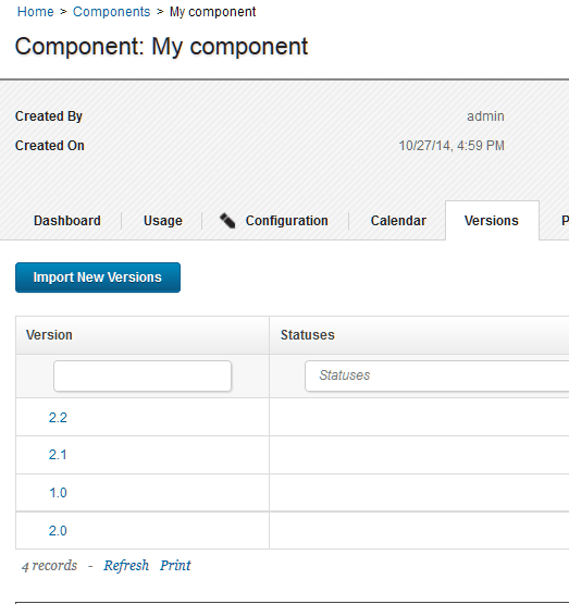 The component version pane, showing the list of versions for a component and the Import New Versions button
