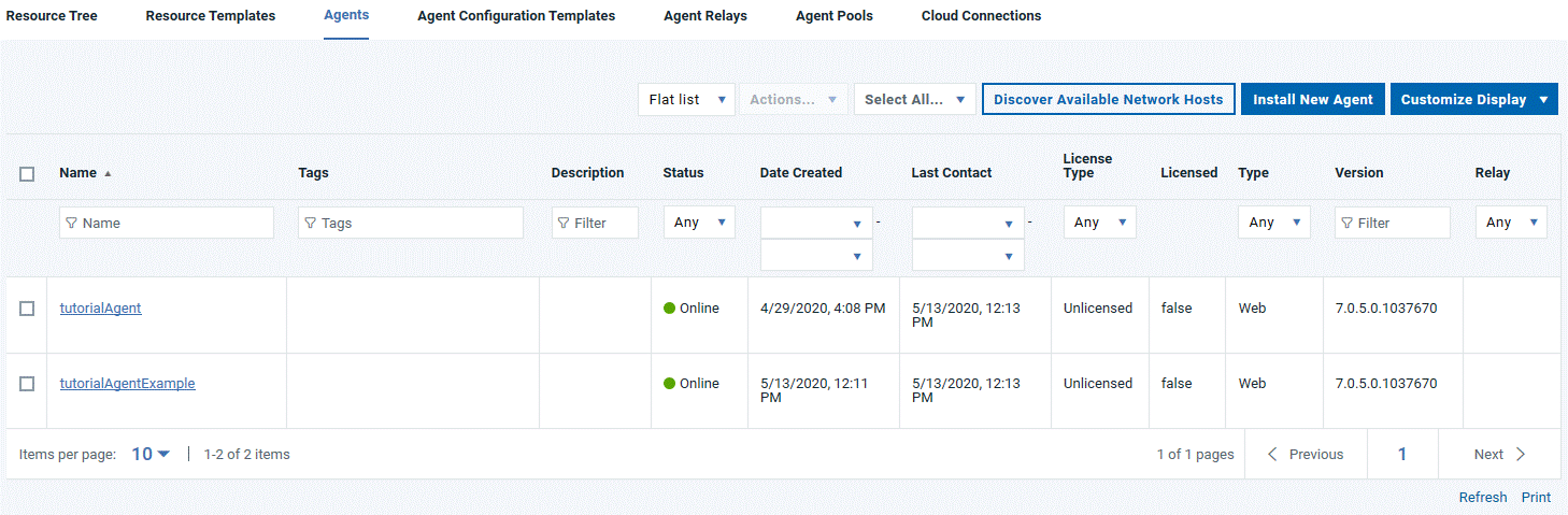 The agent in the list of agents; the Status column shows that the agent is online