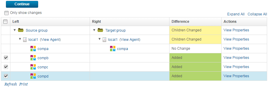 The Resource Comparison page displays two resource trees. One contains an agent and four components, and the other contains an agent and one component. The statuses of the three additional agents in the Difference column are Added, and these agents are selected.