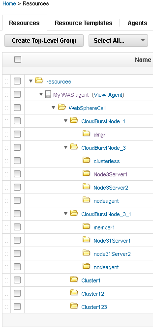 Resources that represent the components of a WebSphere Application Server system, under the agent in the resource tree