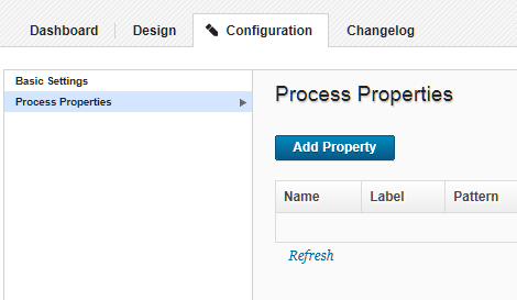 The properties for the process, shown in the Configuration tab for the process