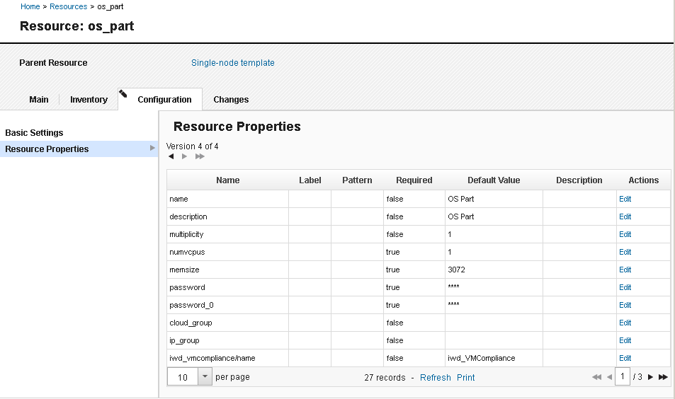 The table of properties for a node in the resource template